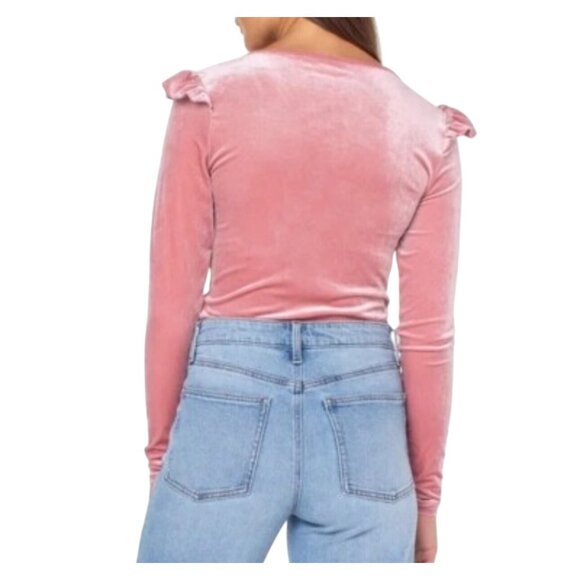 Celebrity Pink XL Rose Pink Velvet Long Sleeve Bodysuit Ruffle Shoulder Detail - Picture 3 of 15